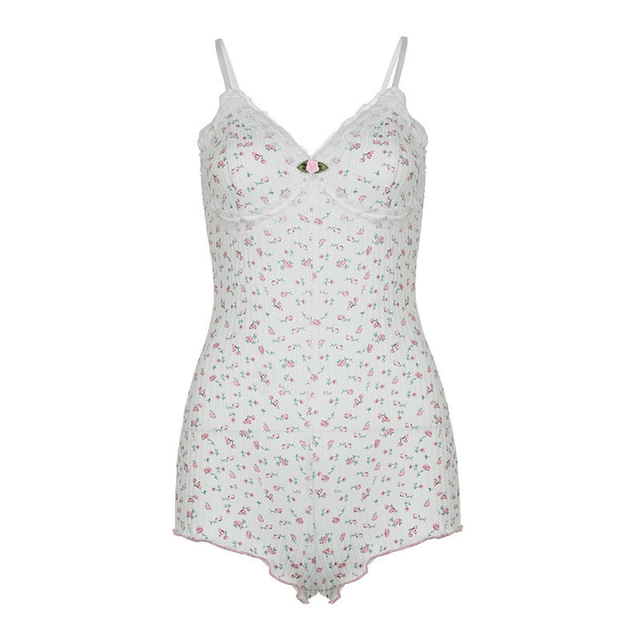 Damen Nachtwäsche Bodysuit mit floralem Druck und zarten Spitzenakzenten Drune