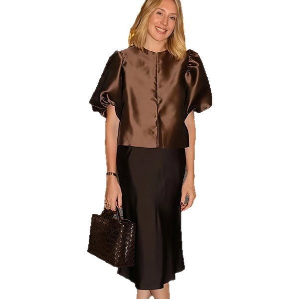 Damen Elegantes Midikleid mit strukturiertem Oberteil und voluminösen Ärmeln Drune