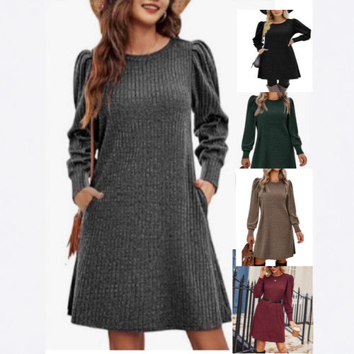 Damen nan gestricktes A-Linien Strickkleid mit Puffärmeln Drune