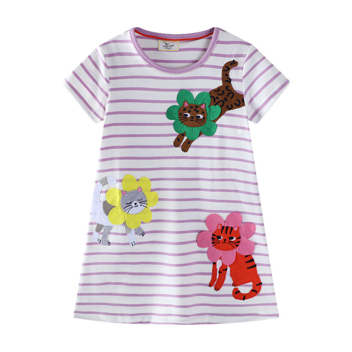 Mädchen Baumwollkleid mit gestickten Tiermotiven und Blumenapplikationen Drune