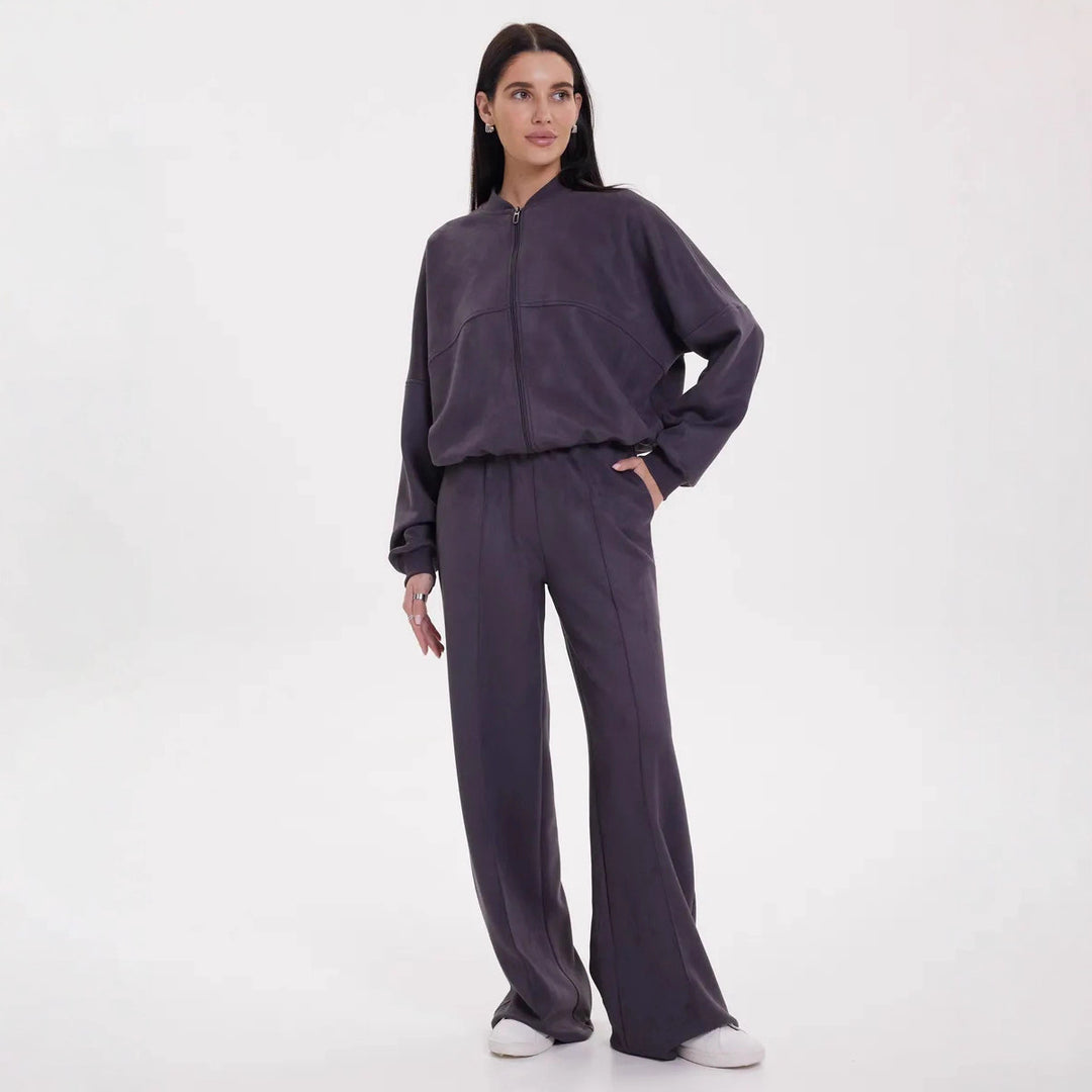 Damen lässiges Freizeit-Loungewear-Set mit durchgehendem Reißverschluss und weitem Schnitt Drune