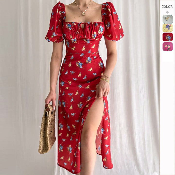 Damen Blütenmuster Maxikleid mit Puffärmeln und hohem Beinschlitz Drune