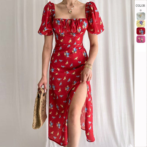 Damen Blütenmuster Maxikleid mit Puffärmeln und hohem Beinschlitz Drune
