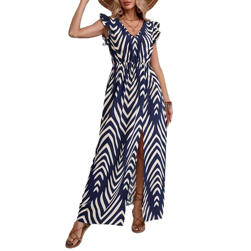 Damen Maxikleid mit raffiniertem Schlitz und schickem Wellenmuster Drune