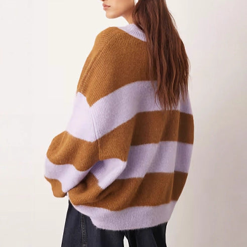 Damen oversized Strickpullover mit gestreiftem Muster und weitem Schnitt Drune