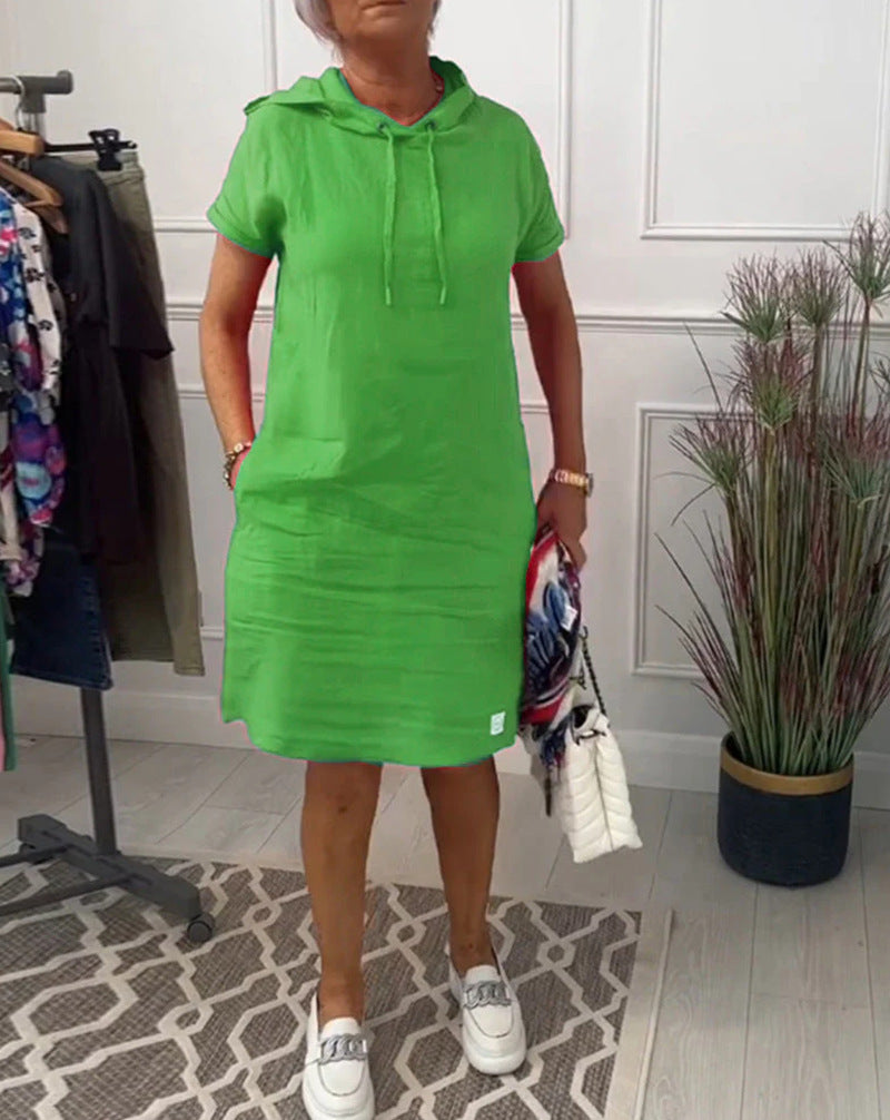 Damen nan legeres Kapuzenkleid mit kurzem Ärmel, geradem Schnitt und Kordelzug Drune
