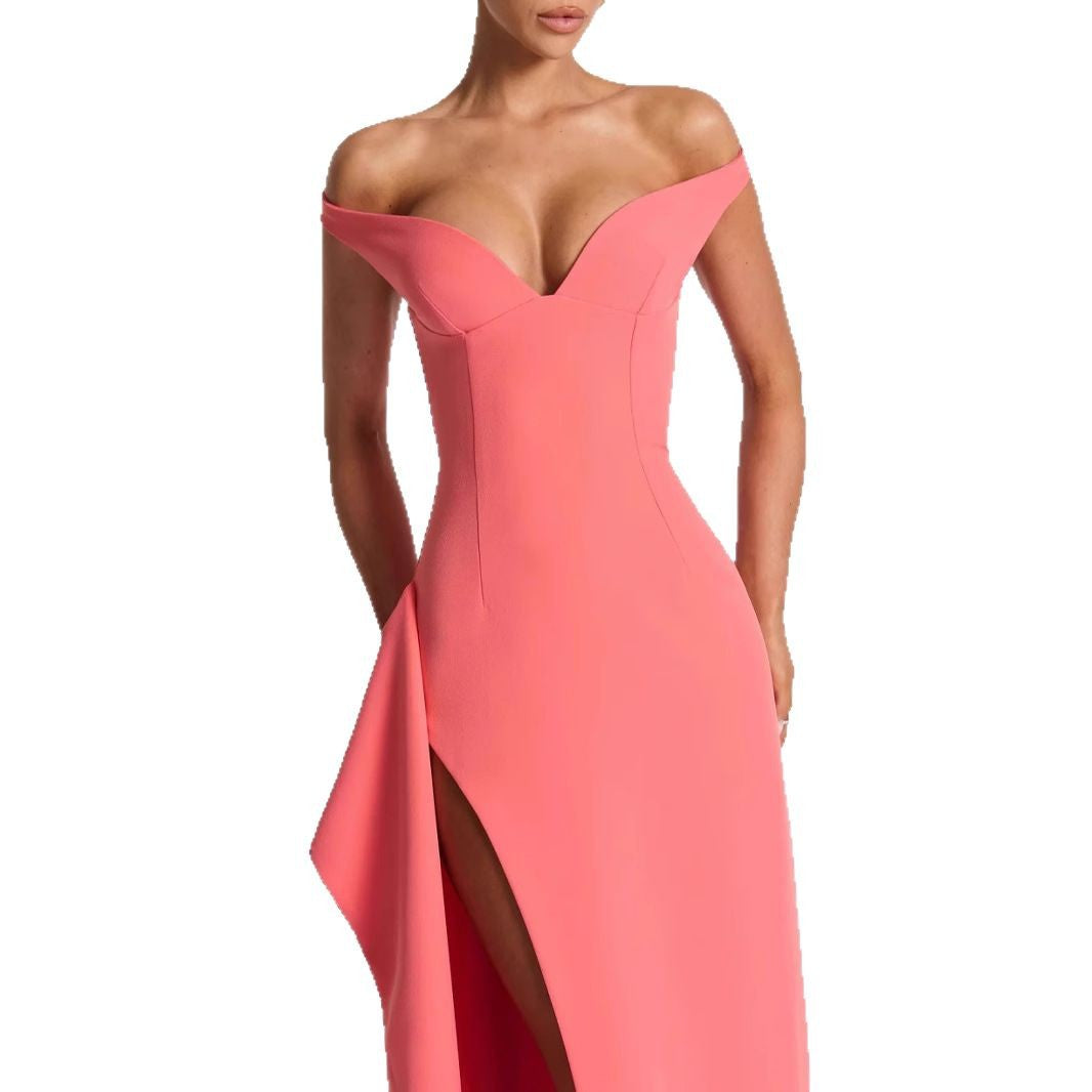 Damen Elegantes Maxikleid mit schulterfreiem Design und hohem Schlitz Drune