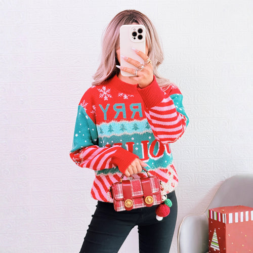 Damen festlicher Strickpullover mit kreativem Weihnachtsdesign Drune