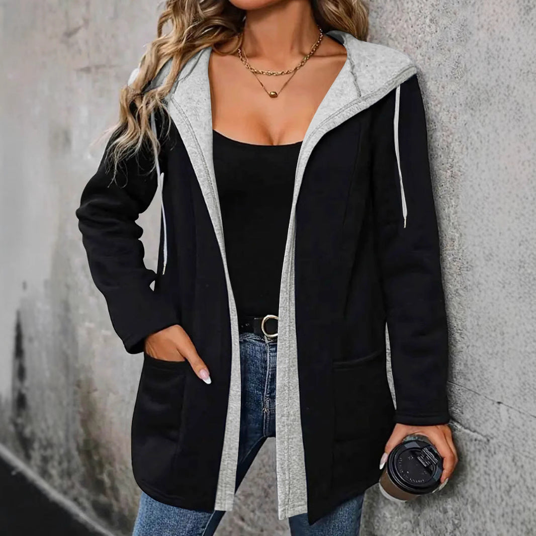 Damen lässige Langarmjacke mit Kapuze und praktischen Taschen Drune