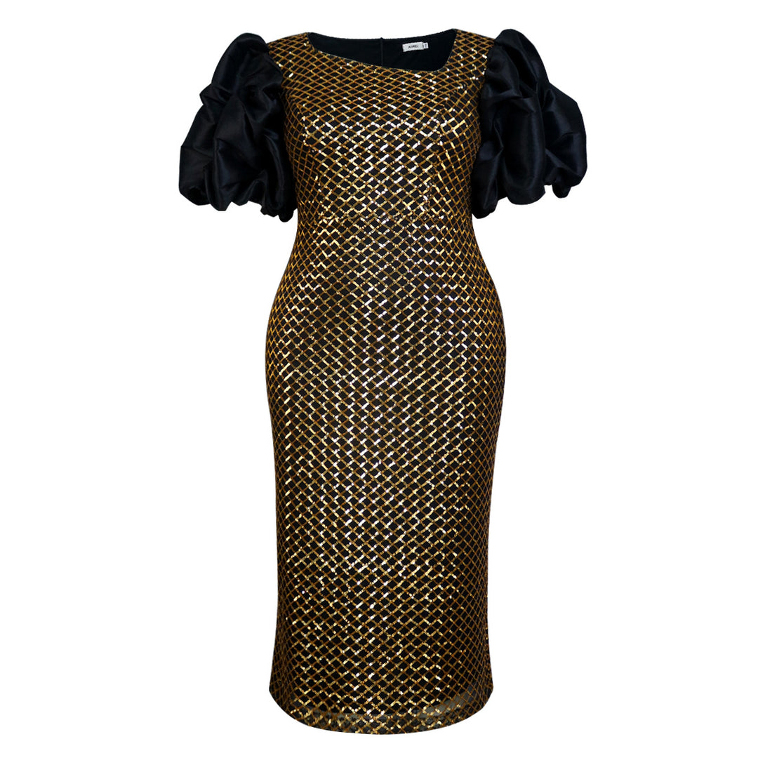 Damen Abendkleid mit strukturiertem Oberteil und voluminösen Puffärmeln Drune