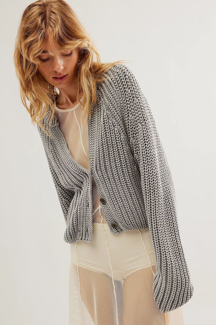 Damen lässige Strickjacke mit dekorativem Knopfverschluss und voluminösen Ärmeln Drune