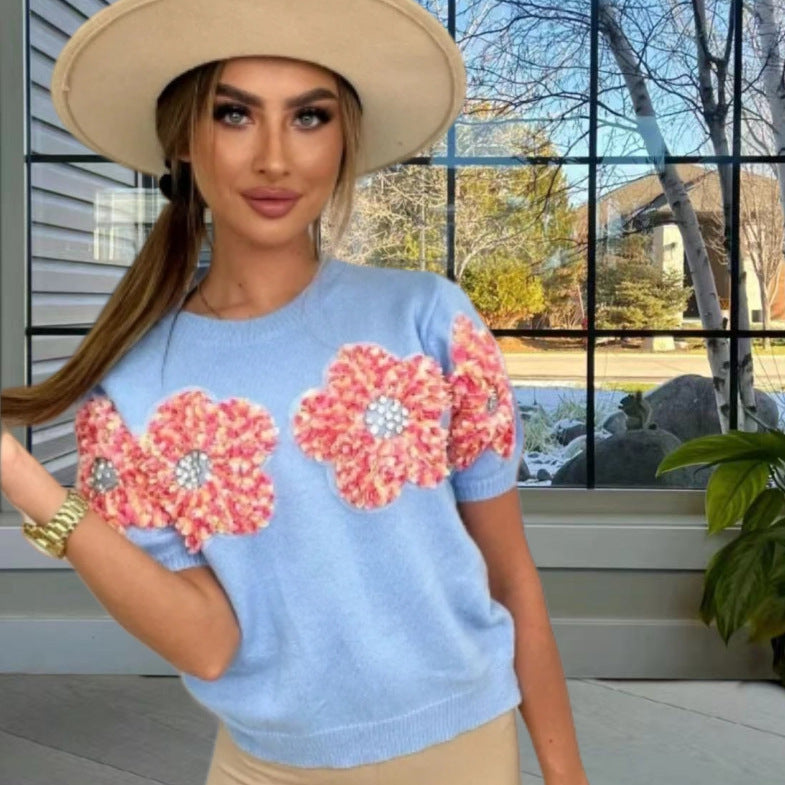 Damen Modischer Strickpullover mit floralen Applikationen Drune