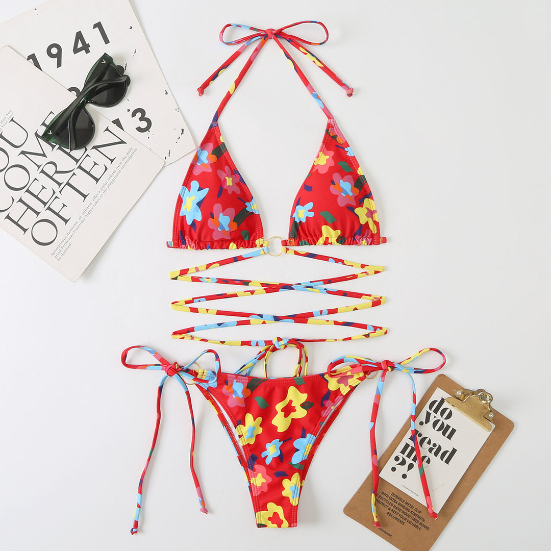 Damen Triangel-Bikini-Set mit verstellbaren Trägern und floralem Design Drune