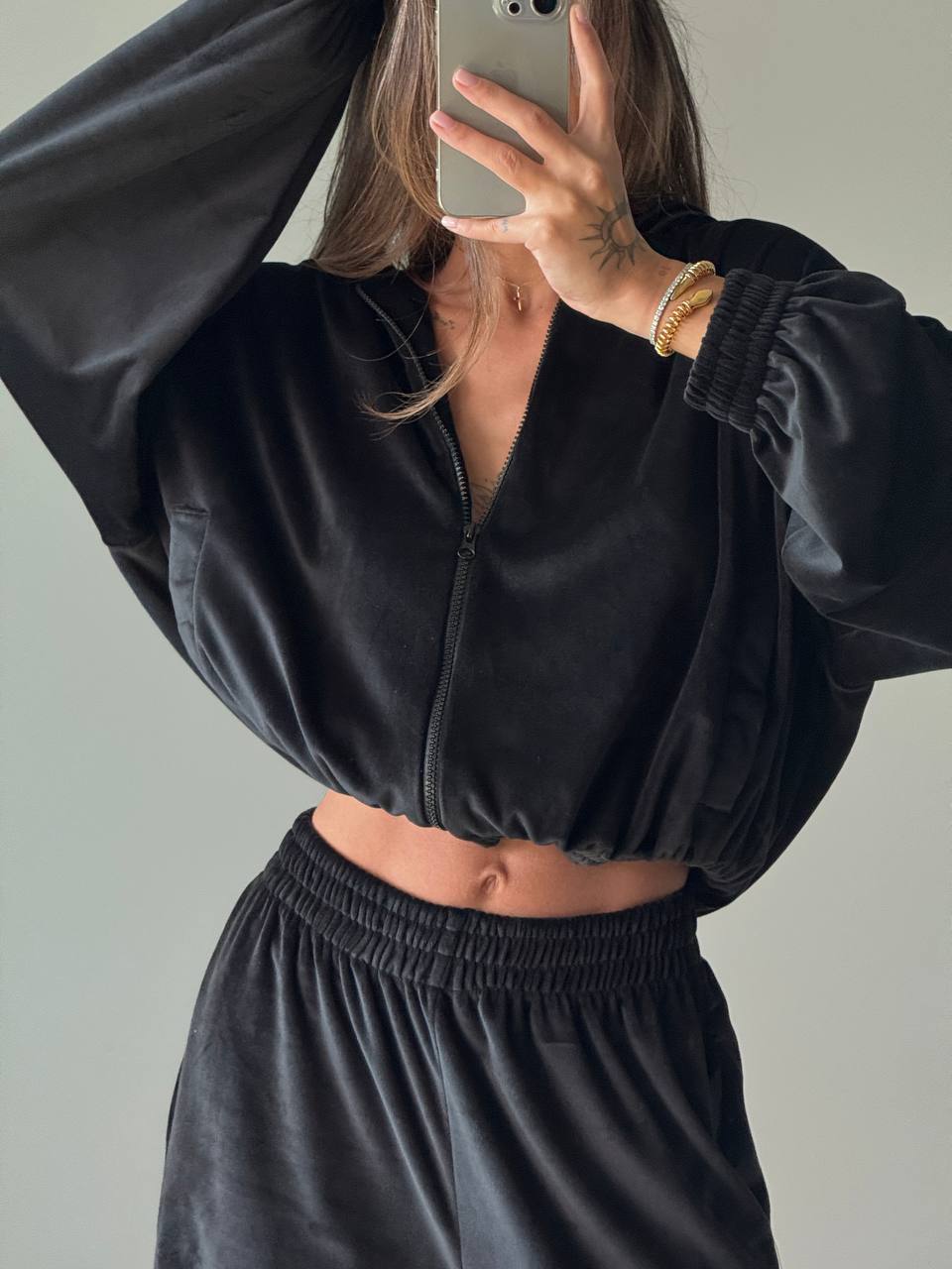 Damen modisches Velours-Set mit elastischem Bund und hohem Kragen Drune
