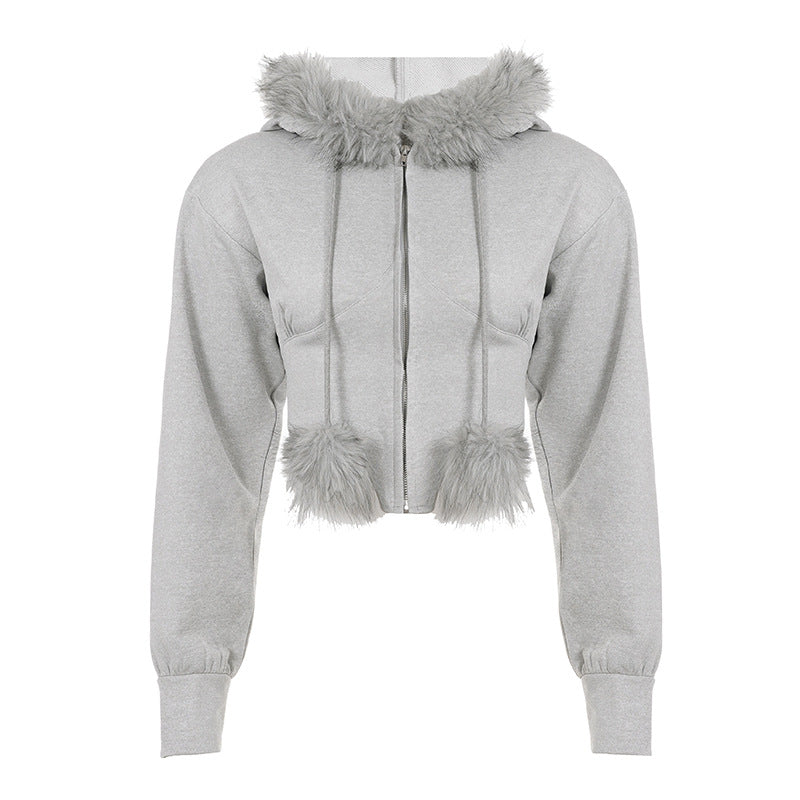 Damen nan kurzes Kapuzen‑Sweatshirt mit Kunstfellbesatz, Reißverschluss und Pompon-Kordeln Drune