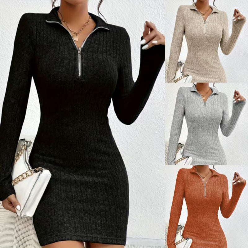 Damen hochwertiges Strickkleid mit Reißverschluss und langem Arm Drune
