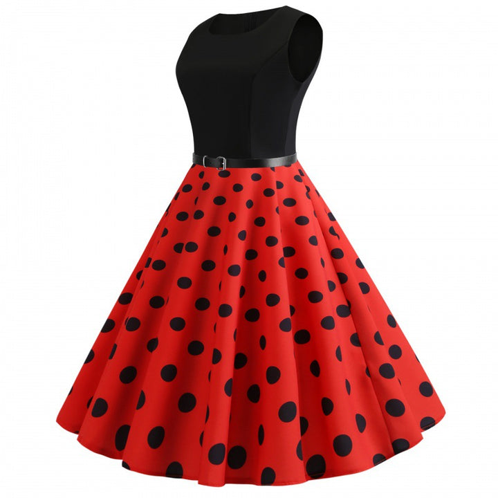 Damen A-Linien Kleid mit Punkten und Taillengürtel Drune