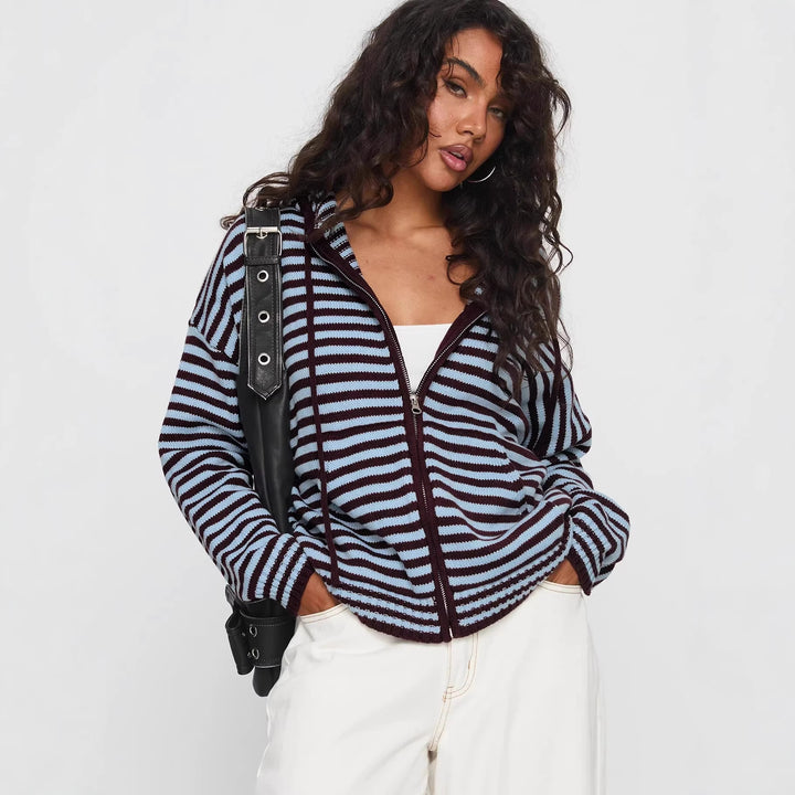Damen lässige gestreifte Strickjacke mit durchgehendem Reißverschluss Drune