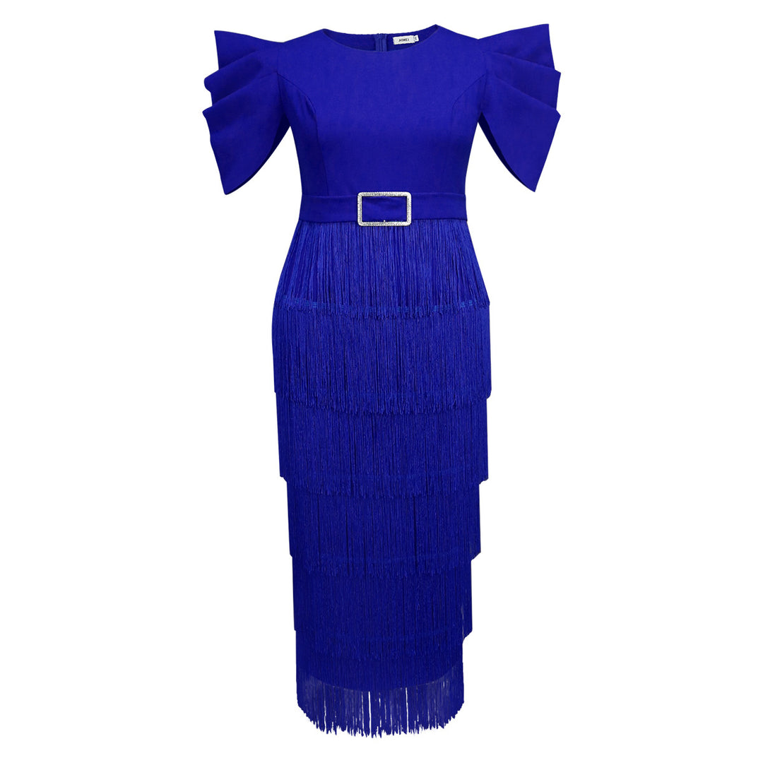 Damen Glamouröses Abendkleid mit voluminösen Rüschenschultern und Fransen Drune