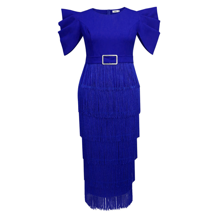 Damen Glamouröses Abendkleid mit voluminösen Rüschenschultern und Fransen Drune