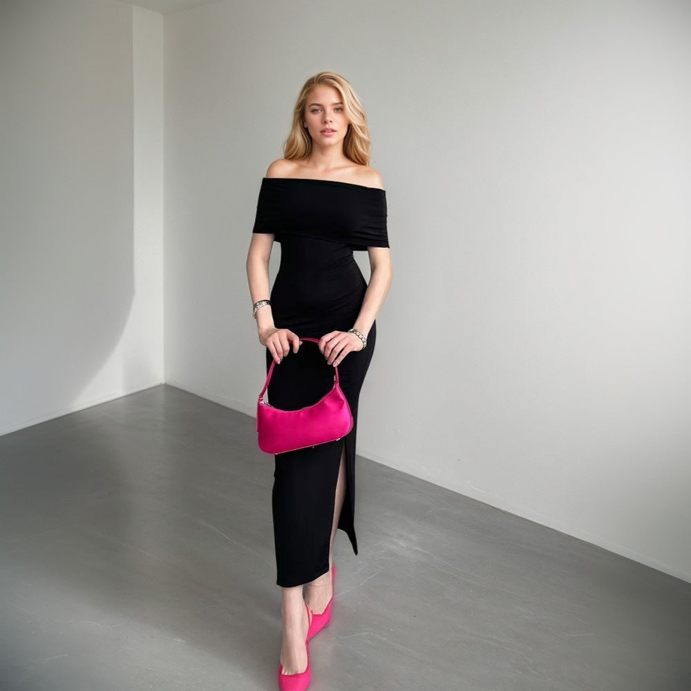 Damen Maxikleid mit schulterfreiem Schnitt und stilvollem Schlitz Drune