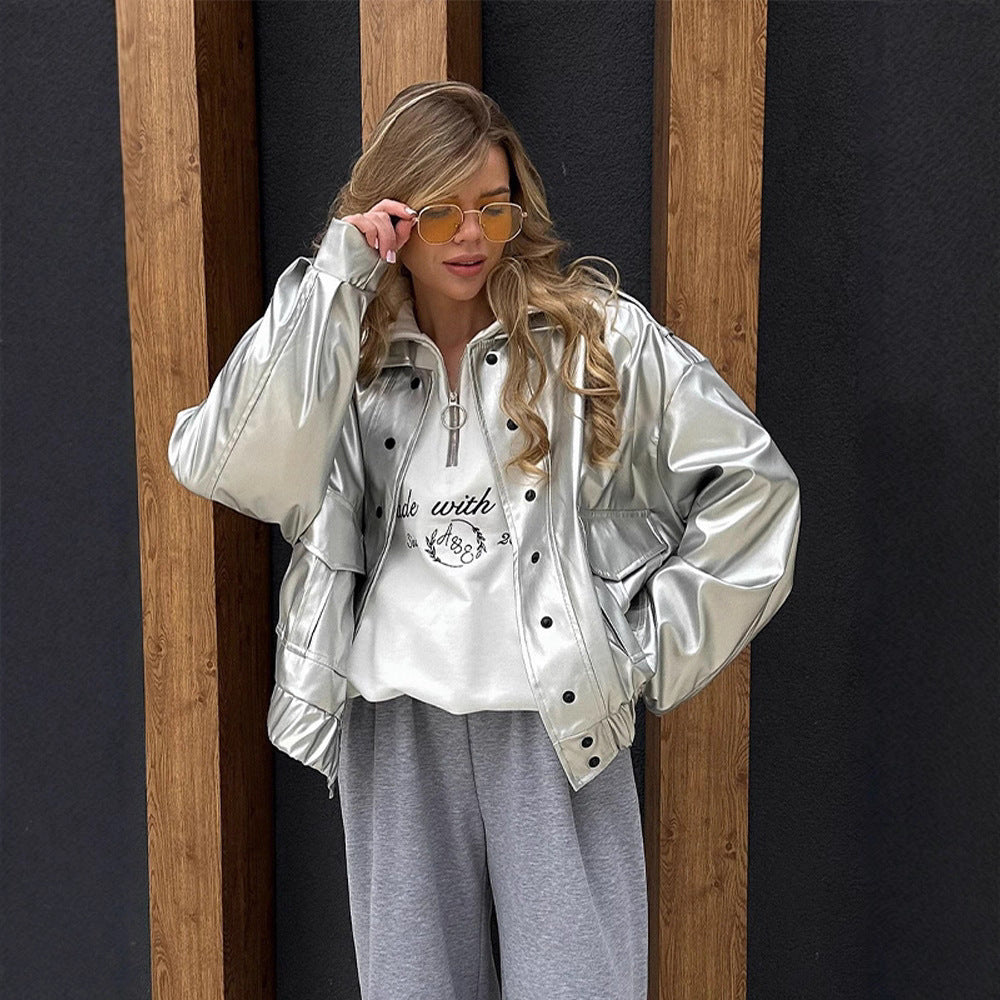 Damen Oversized Kunstlederjacke mit modischem Schnitt und eleganten Details Drune