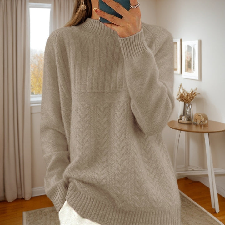 Damen Strickpullover mit kreativem Zopfmuster und hohem Kragen Drune
