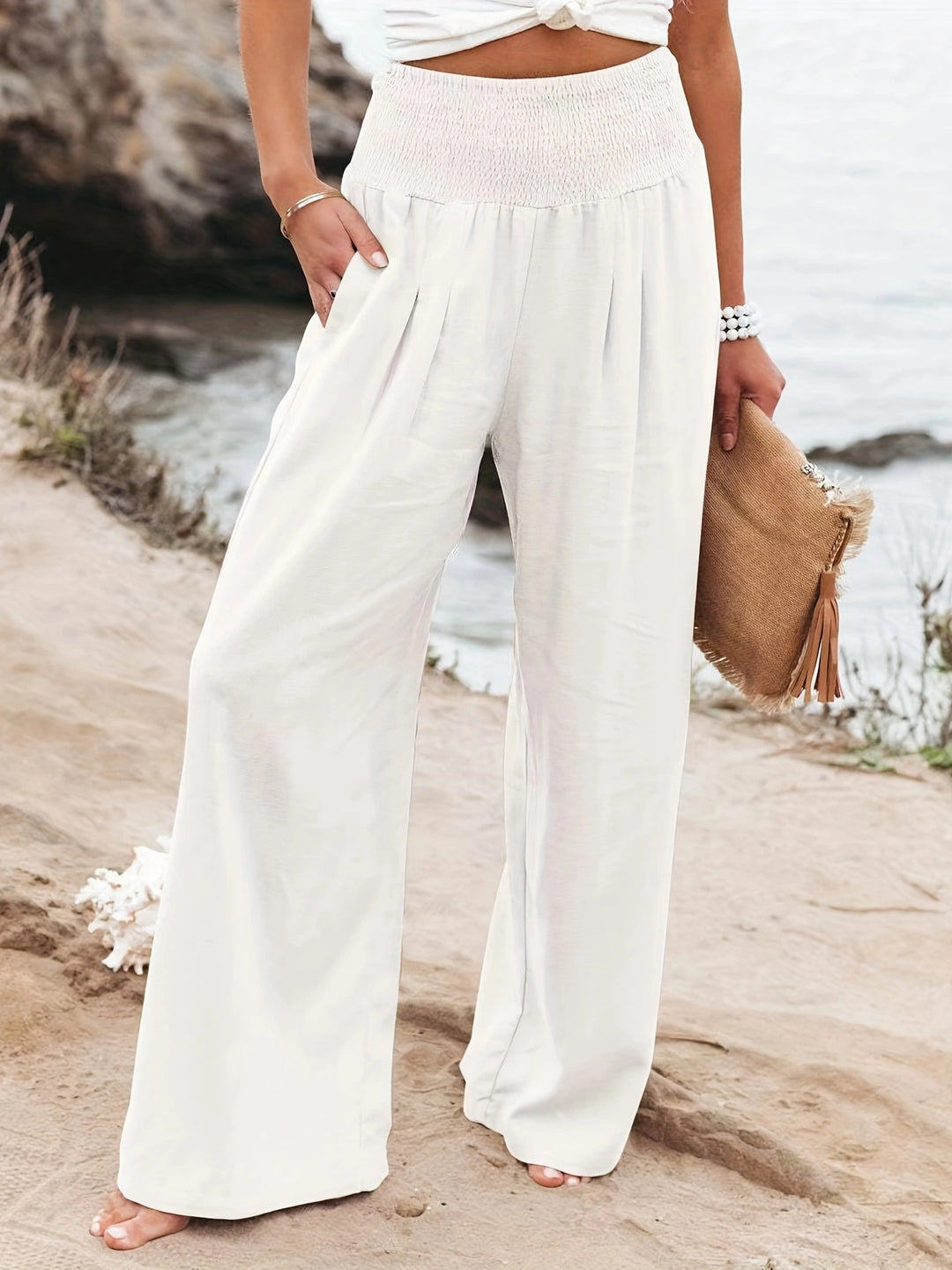 Damen Lange, weite Leinenhose mit elastischem Bund Drune