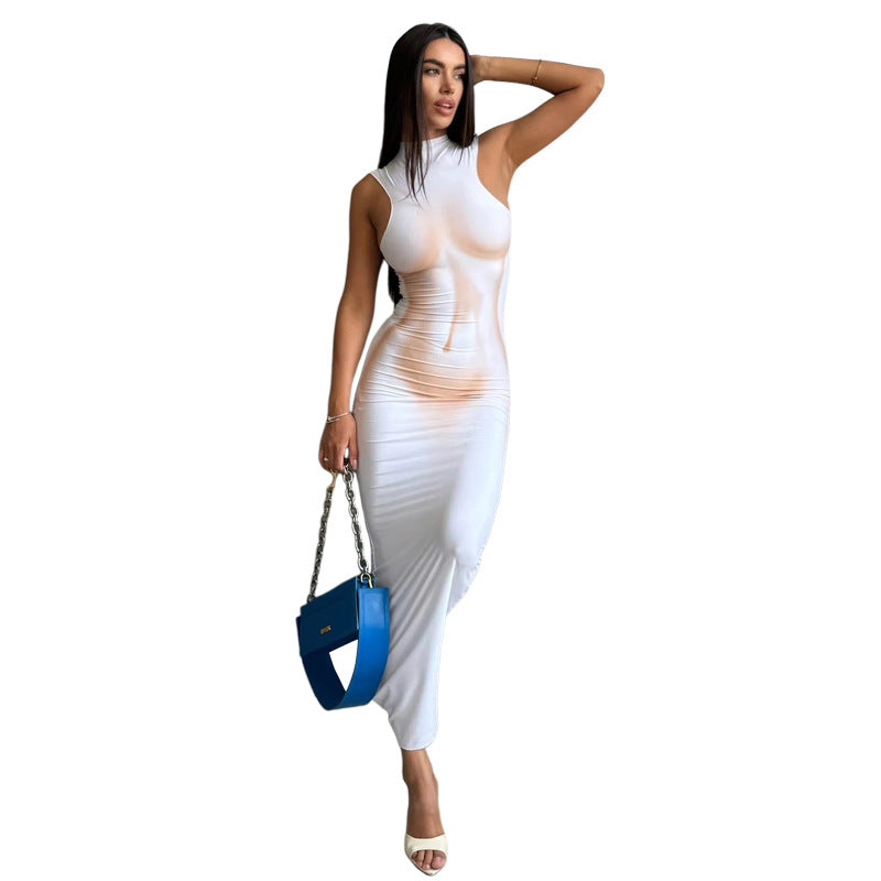 Damen Elegantes, figurbetontes Abendkleid mit hohem Kragen und transparentem Stoff Drune