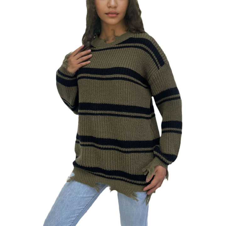Damen Oversized Strickpullover mit trendigem Streifenmuster und Fransendetails Drune