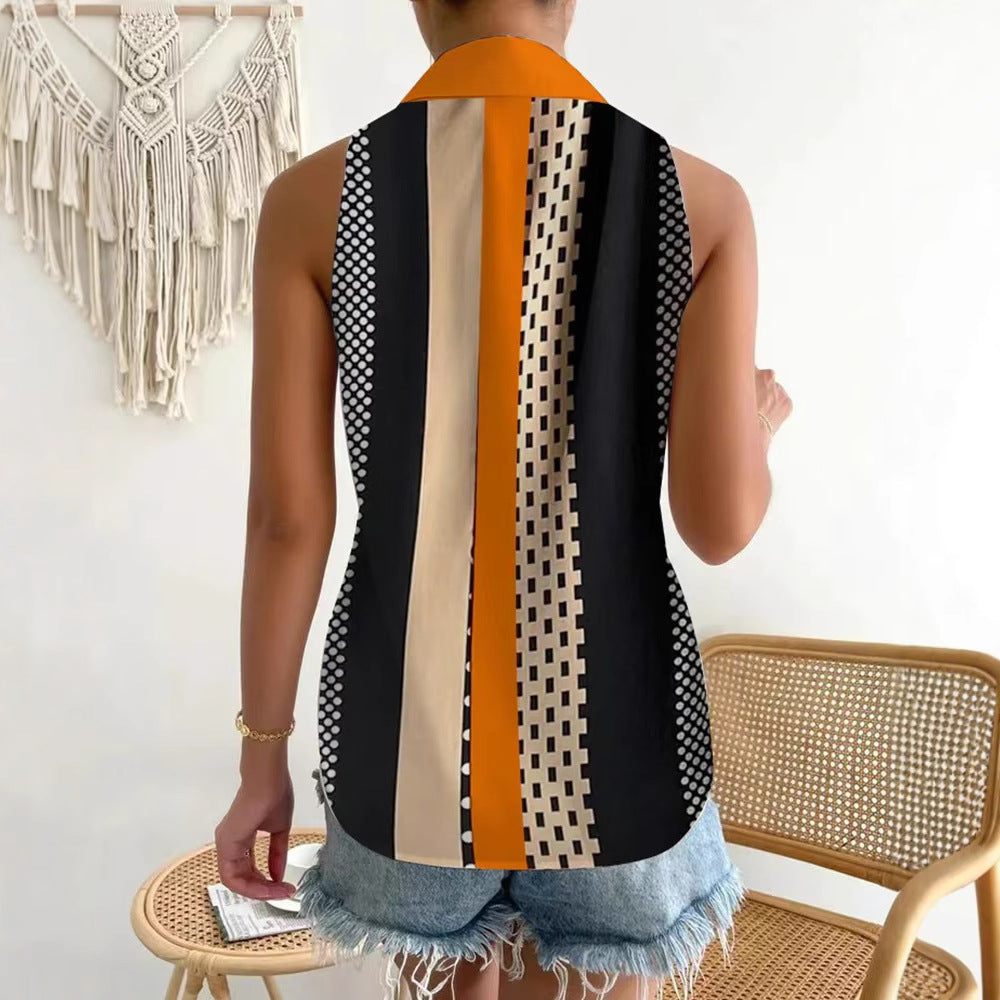 Damen nan ärmelloses Blusen-Top mit Hemdkragen, durchgehender Knopfleiste und asymmetrischem Paneelprint Drune