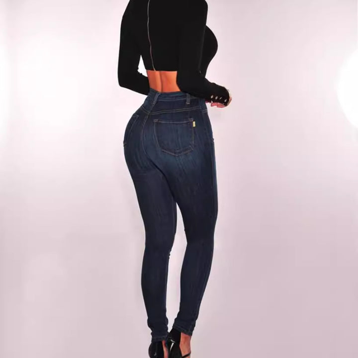 Damen nan hochgeschnittene Skinny-Jeans mit sichtbarer Knopfleiste und figurformendem Stretch Drune