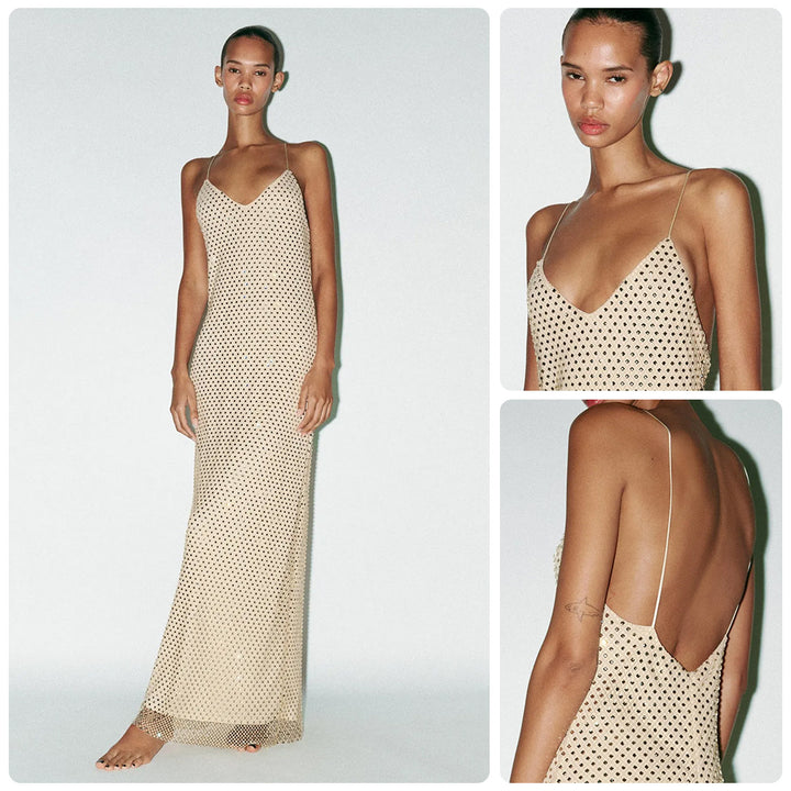 Damen Elegantes Maxikleid mit raffinierten Netzdetails und schmalen Spaghettiträgern Drune