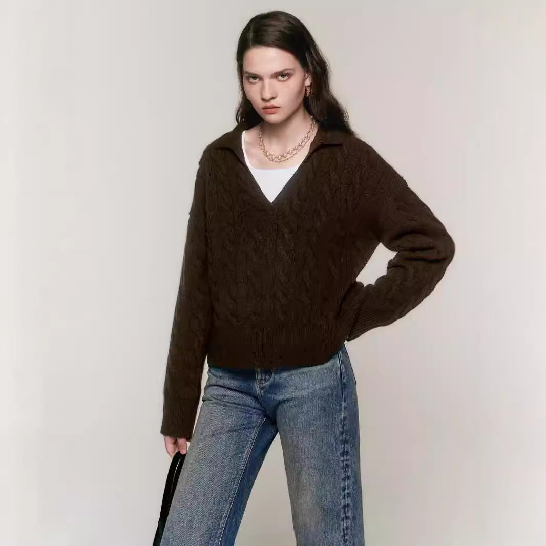 Damen Strickpullover mit V-Ausschnitt und Kabelmuster Drune