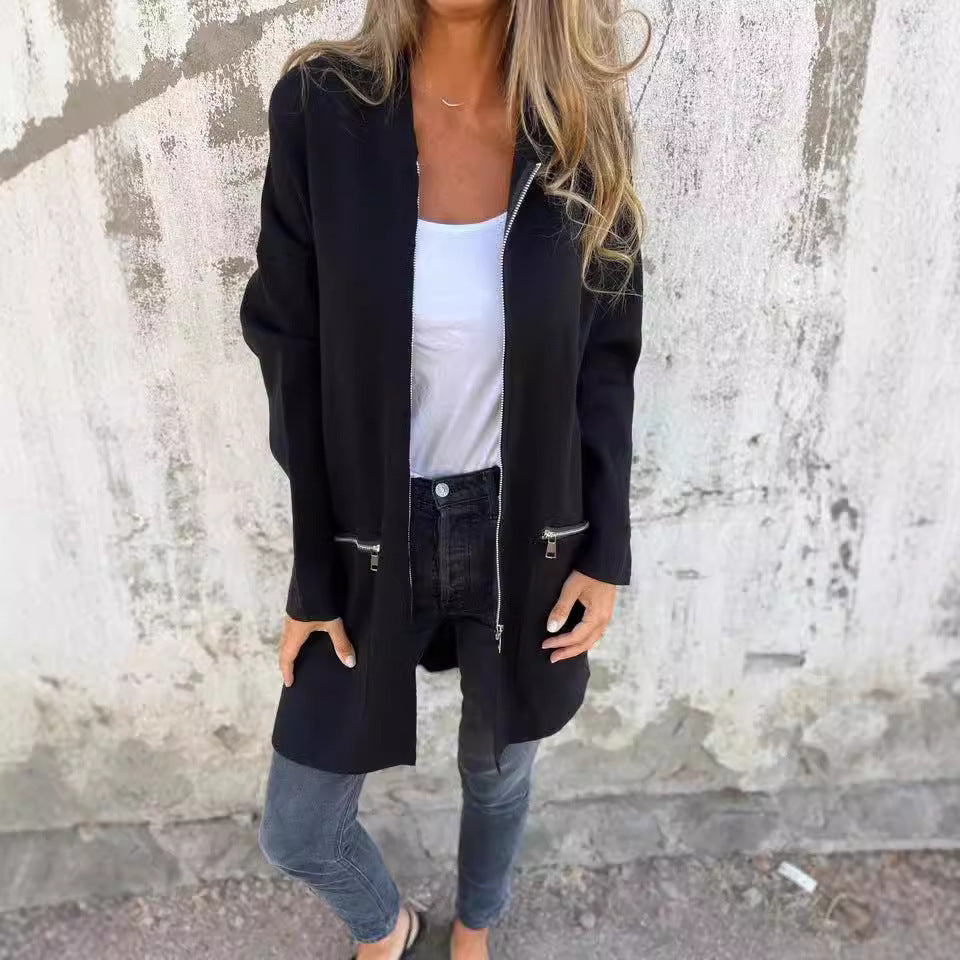 Damen Elegante Strickjacke mit Reißverschluss und Taschen Drune