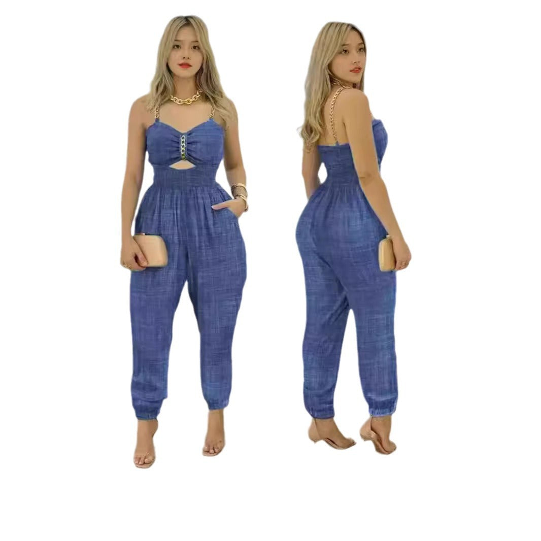 Damen Modischer Jumpsuit mit Cut-Out und dünnen Trägern Drune