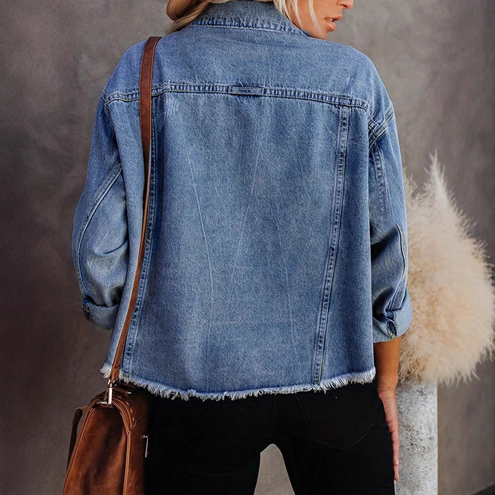 Damen Oversized Jeansjacke mit fransendem Saum und Vintage-Akzenten Drune