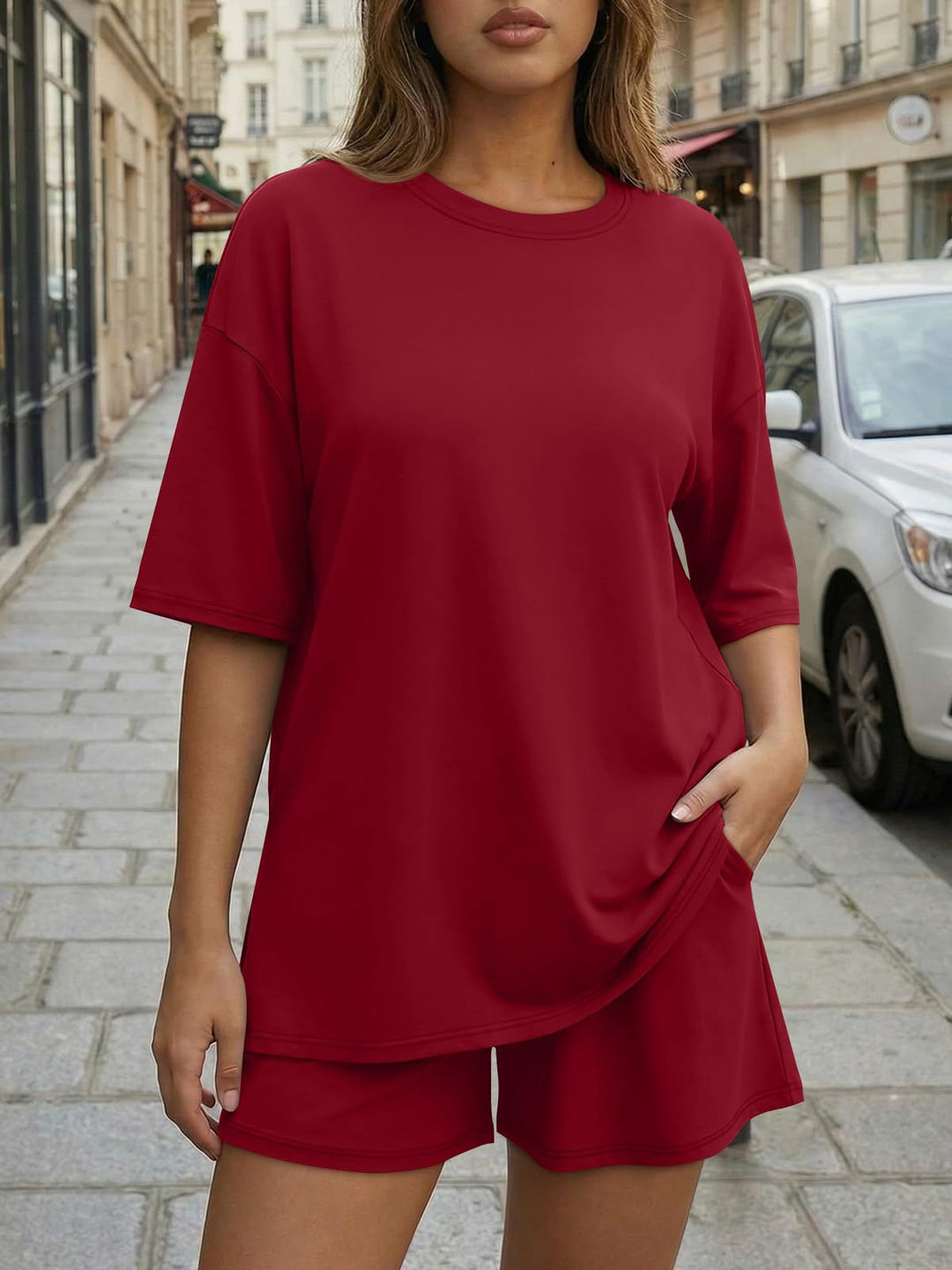 Damen Oversized Freizeit-Set mit kurzem Oberteil und lässiger Shorts Drune
