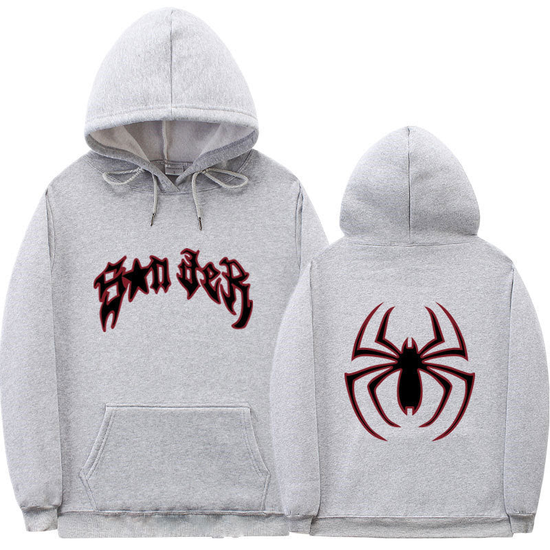 Damen Kapuzenpullover mit auffälligem Spinnenmotiv und grobem Schriftzug Drune