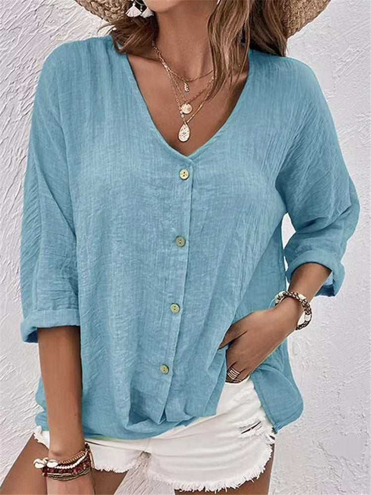 Damen lässige Bluse mit Knopfleiste und V-Ausschnitt Drune