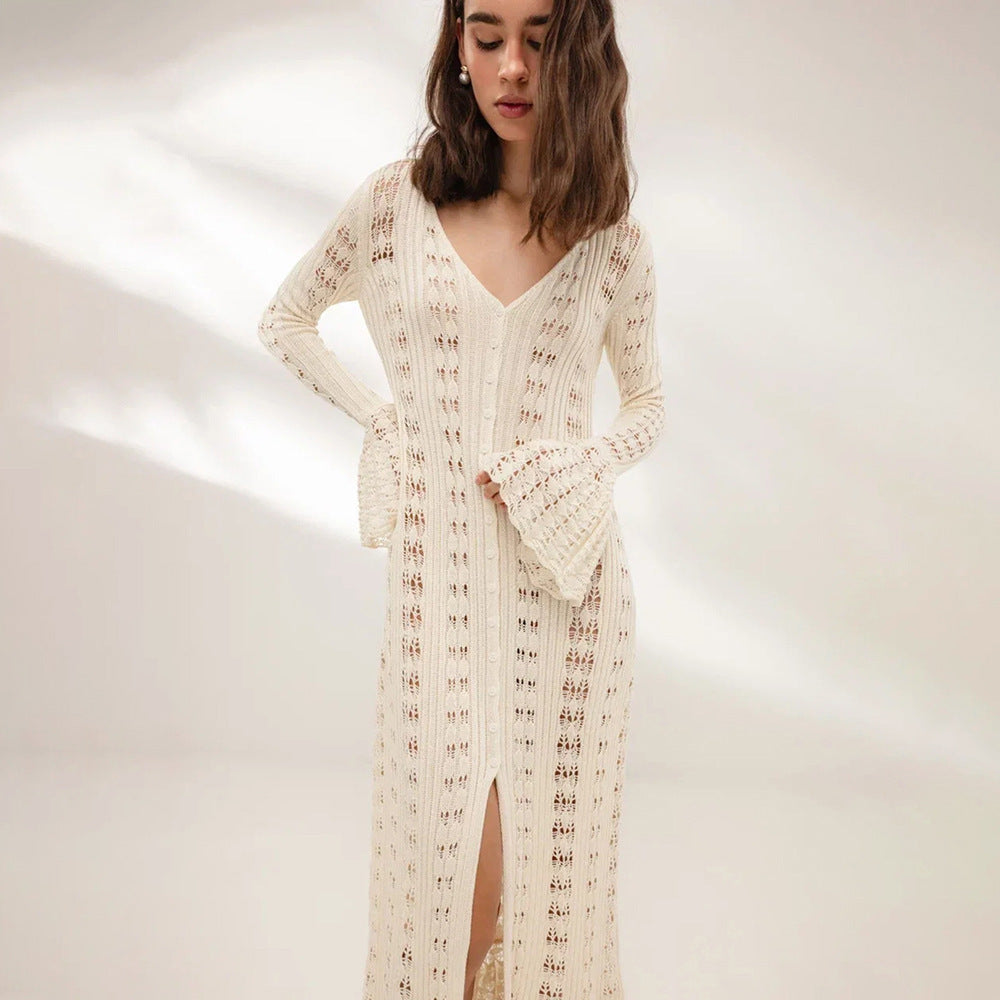 Damen Strickkleid mit voluminösen Ärmeln und raffiniertem Häkelmuster Drune
