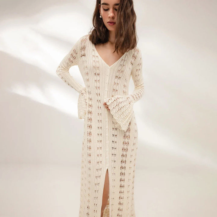 Damen Strickkleid mit voluminösen Ärmeln und raffiniertem Häkelmuster Drune