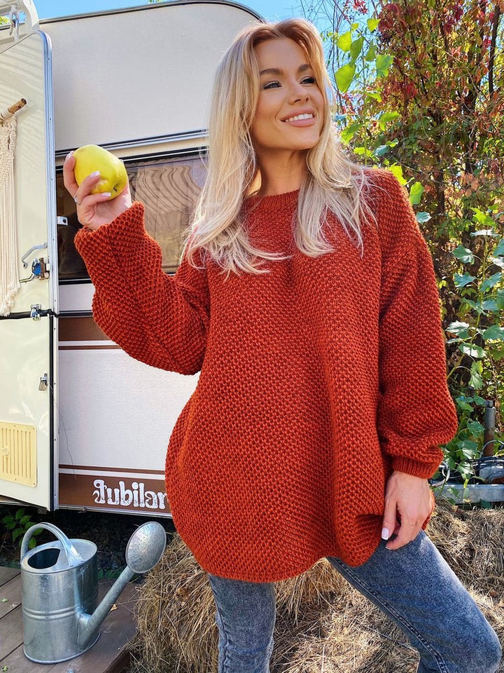 Damen luftiger Strickpullover mit lockerer Passform und voluminösen Ärmeln Drune