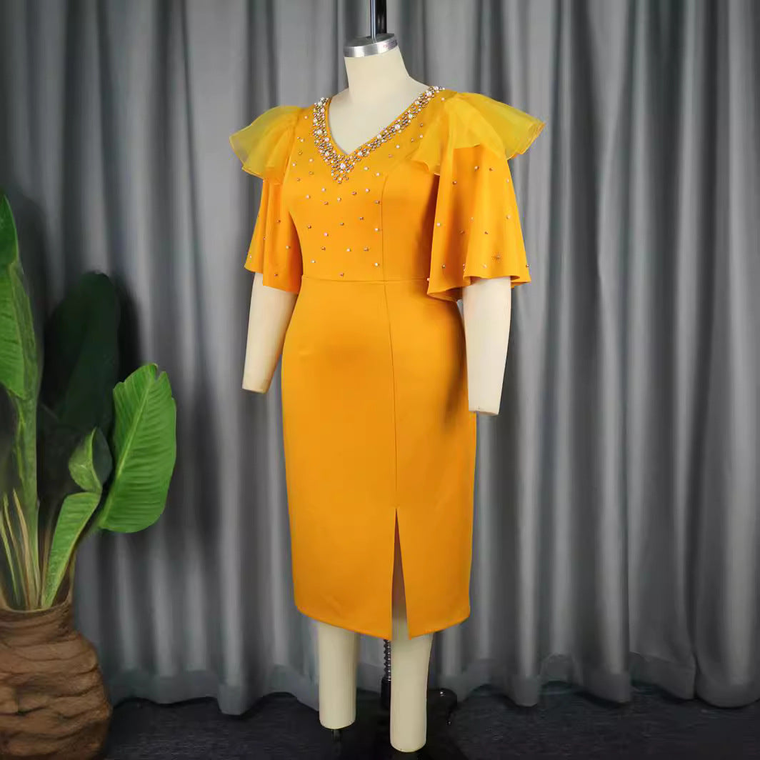 Damen elegantes Schimmerndes Midi-Kleid mit Volantrüsche und Glamourösen Akzenten Drune