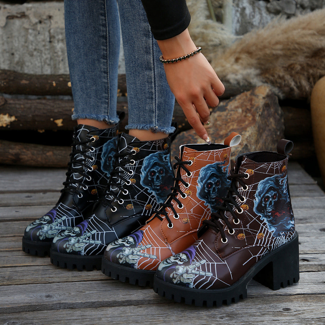 Damen Grafik Halloween Combat Boots mit Chunky Heel Drune