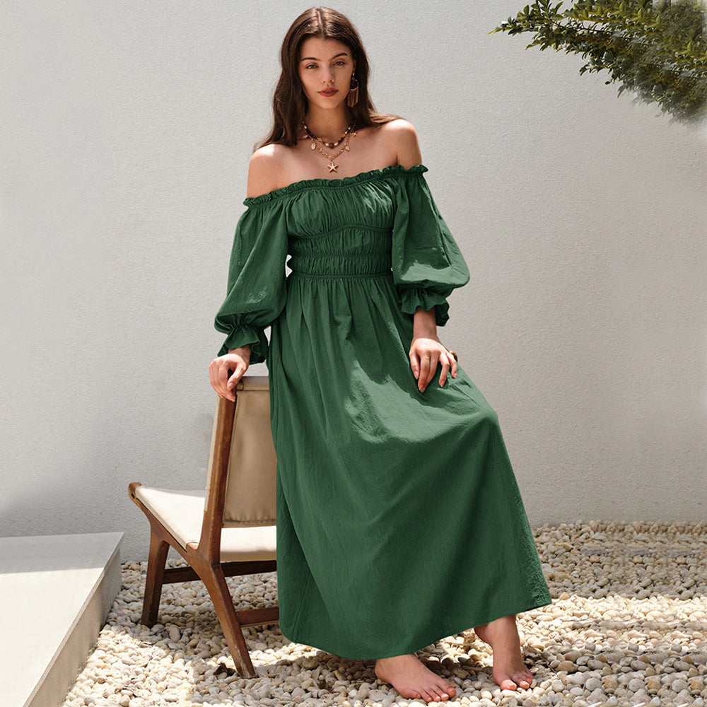 Damen Maxi-Kleid im eleganten Off-Shoulder-Stil mit gerafften Puffärmeln Drune