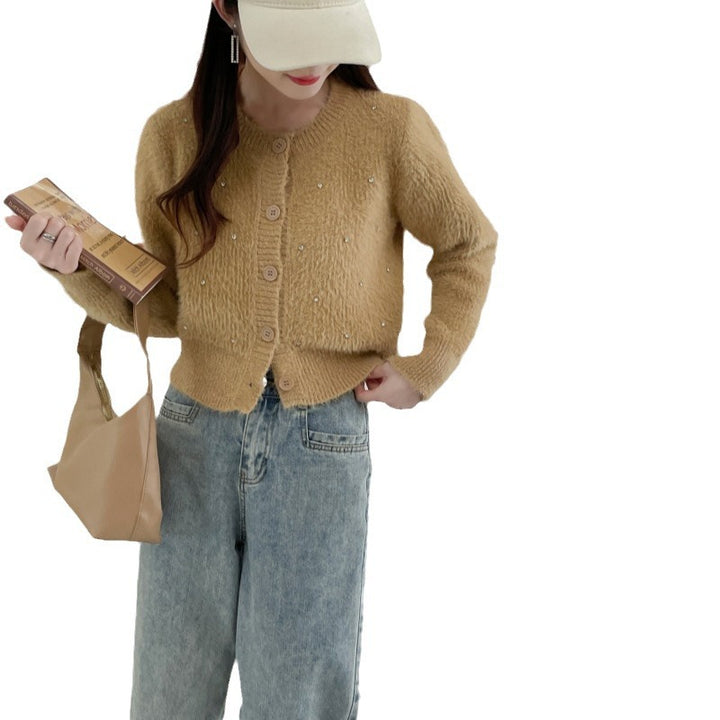 Damen elegante Strickjacke mit trendigen Perlenakzenten Drune