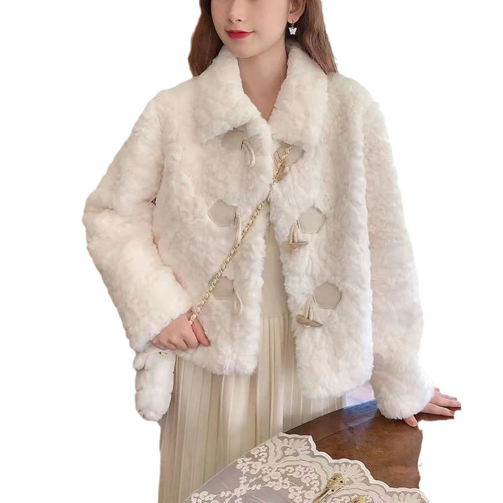 Damen elegante Kunstfelljacke mit schickem Kragen und dekorativen Knopfdetails Drune
