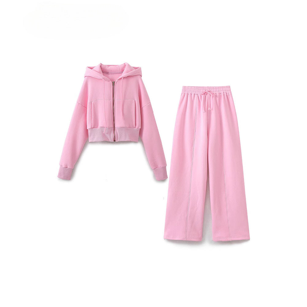 Damen modisches cropped Kapuzenjacken- und Jogginghose-Set Drune