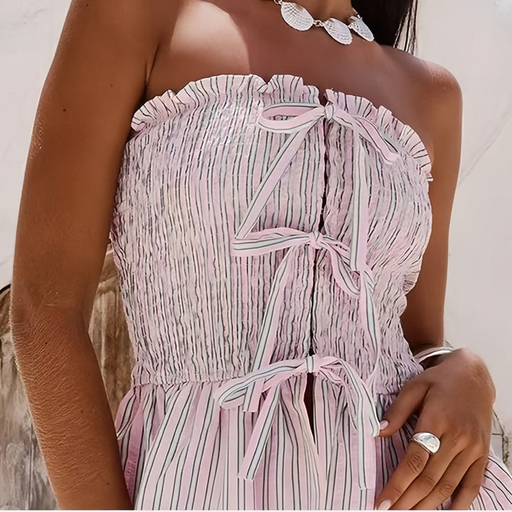 Damen Off-Shoulder Top mit Rüschen und gestreiftem Design Drune